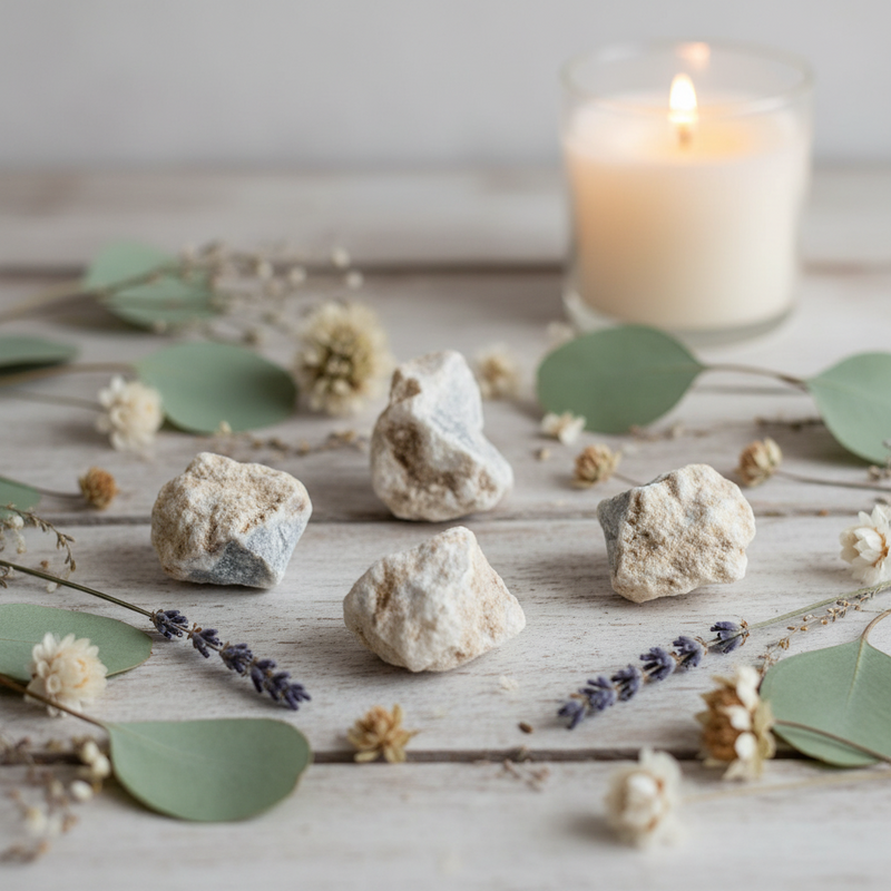 Several rough natural stones arranged on a light wooden surface with eucalyptus leaves, dried flowers, and a lit candle in the background.