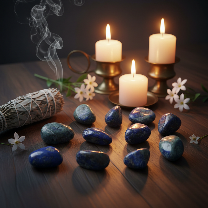 A styled arrangement of polished blue lapis lazuli stones on a dark wooden surface, with three lit white pillar candles in brass holders, a bundle of smudging sage, and small white flowers against a dark background.