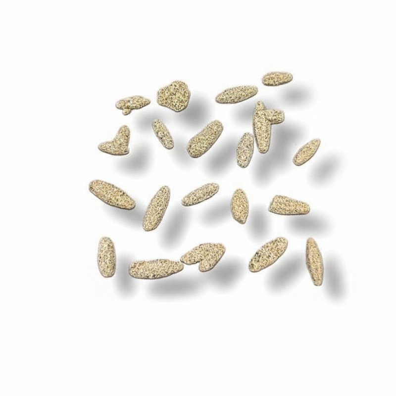 A set of small, irregularly shaped beige stone chips or gravel pieces arranged in a loose cluster on a plain white background with soft drop shadows.