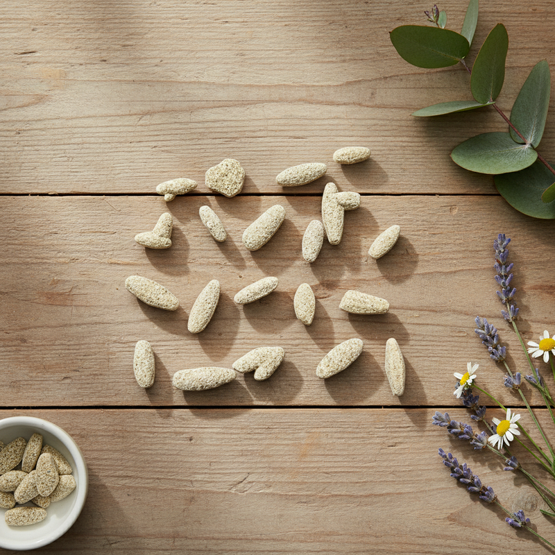 Natural beige calcite sand arranged on a rustic wooden tabletop, with a small white bowl of more chews in the lower left and green leaves and daisies in the upper right.