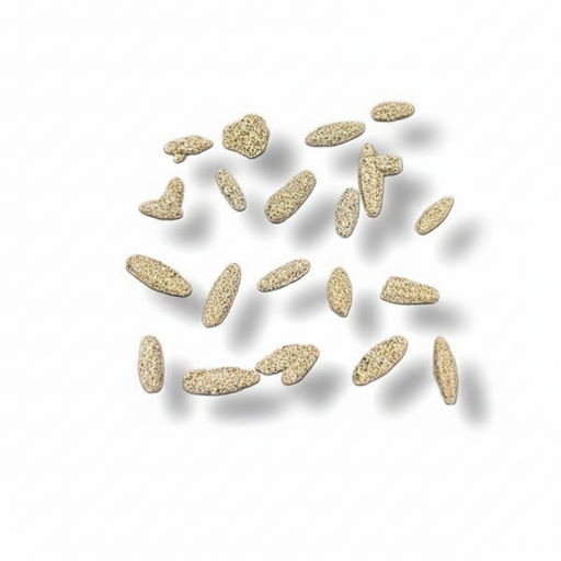 A set of small, irregularly shaped beige stone chips or gravel pieces arranged in a loose cluster on a plain white background with soft drop shadows.
