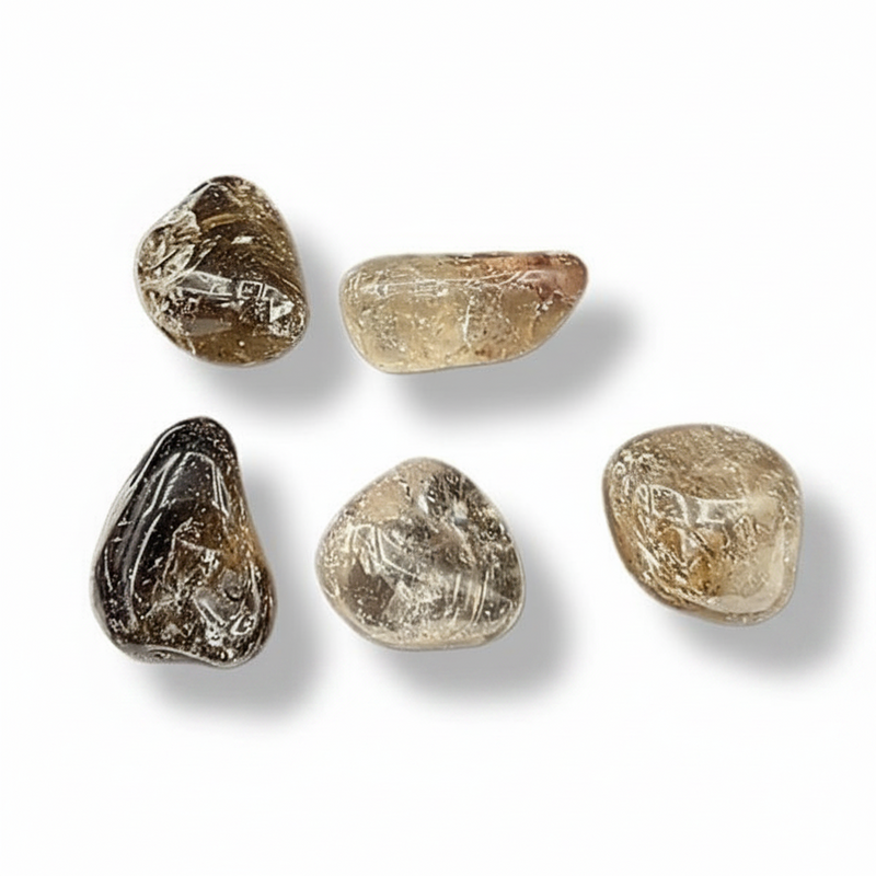 A series of polished smokey quartz stones of varying sizes, on a white background