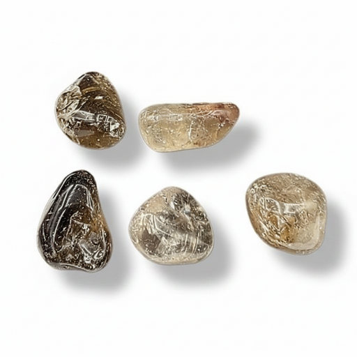 A series of polished smokey quartz stones of varying sizes, on a white background