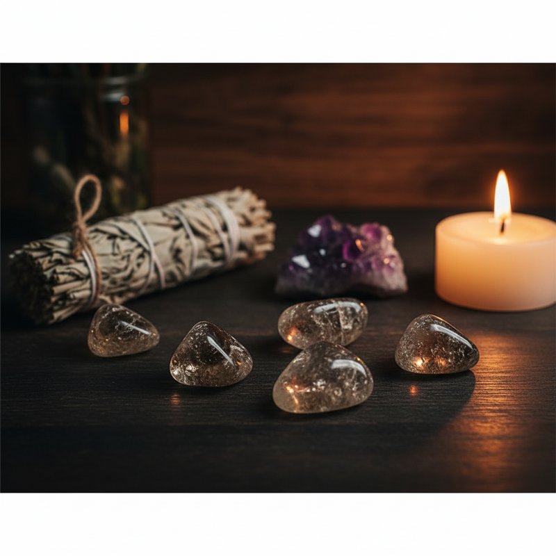 smokey quartz tumbled in a spiritual setting with sage, crystals and a candle
