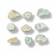 Nine greenish-blue stones on a white background