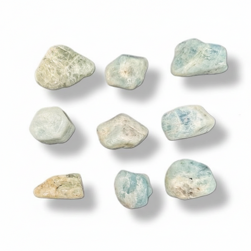 Nine greenish-blue stones on a white background