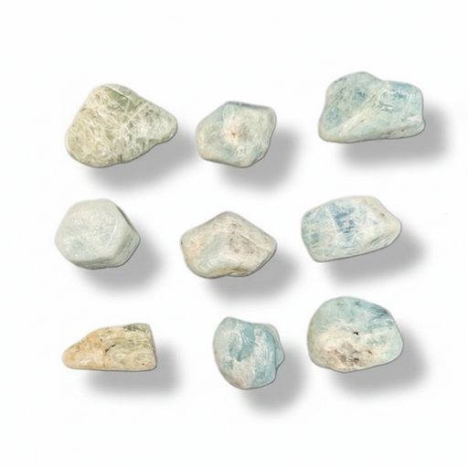 Nine greenish-blue stones on a white background