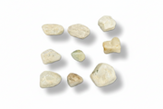 Nine small polished amazonite, cream, and pale green tones, arranged on a plain white background with soft drop shadows.
