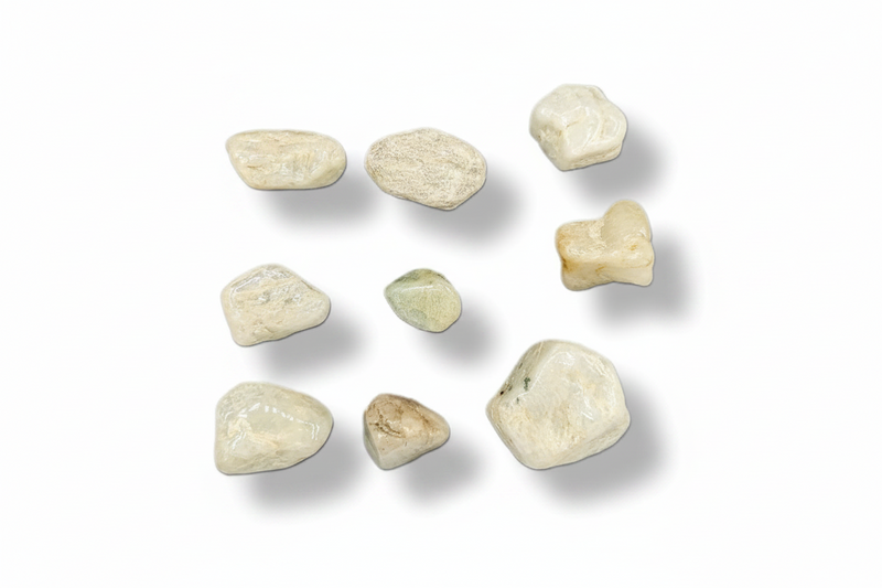 Nine small polished amazonite, cream, and pale green tones, arranged on a plain white background with soft drop shadows.
