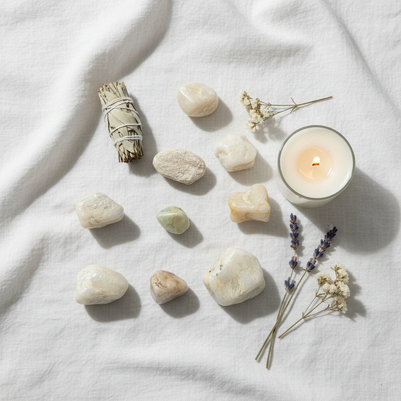 A styled flat-lay of a crystal gemstone set on a white linen fabric background, featuring various smooth stones, a sage smudge bundle, dried lavender sprigs, and a lit white candle in a glass holder.
