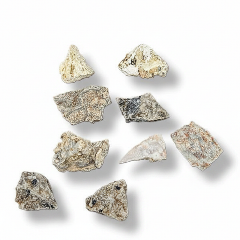 A set of nine raw, irregularly shaped mineral in earthy beige, gray, and brown tones, arranged on a clean white background with soft drop shadows.