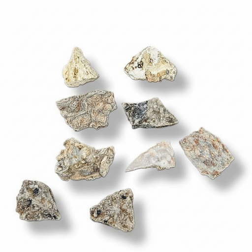 A set of nine raw, irregularly shaped mineral in earthy beige, gray, and brown tones, arranged on a clean white background with soft drop shadows.