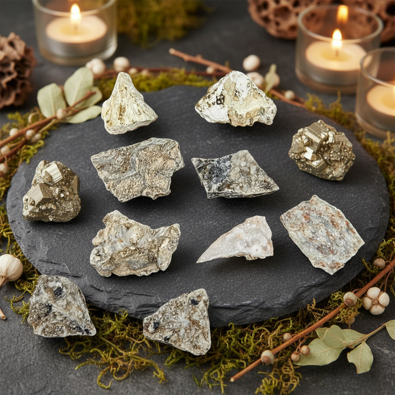 A set of natural mineral and crystal specimens arranged on a dark slate tray, surrounded by green moss, small branches with leaves, and lit candles in glass holders.