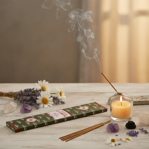 Incense sticks with smoke, a candle, and flowers on a wooden surface.