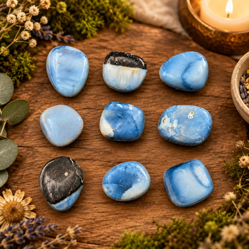 Nine polished blue tumbled stones arranged in a 3x3 grid on a wooden surface, surrounded by dried flowers, greenery, and a lit candle.