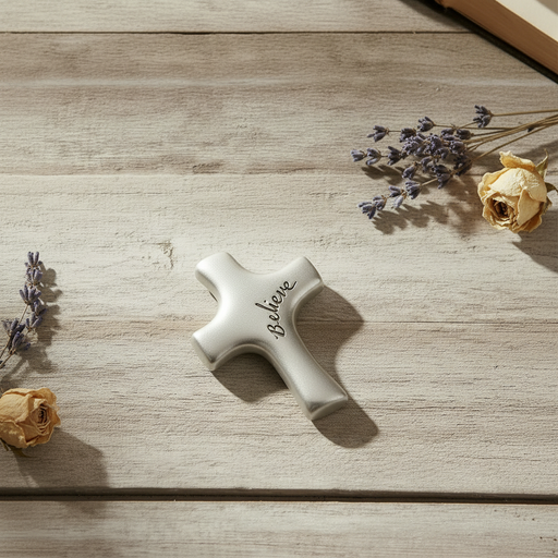 Silver cross with 'Believe' on a wooden surface with flowers.