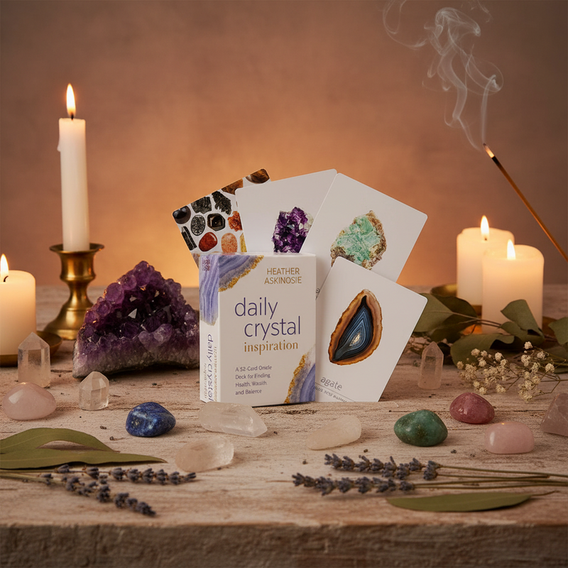 Daily crystal inspiration cards on a wooden surface with candles, crystals, and incense.