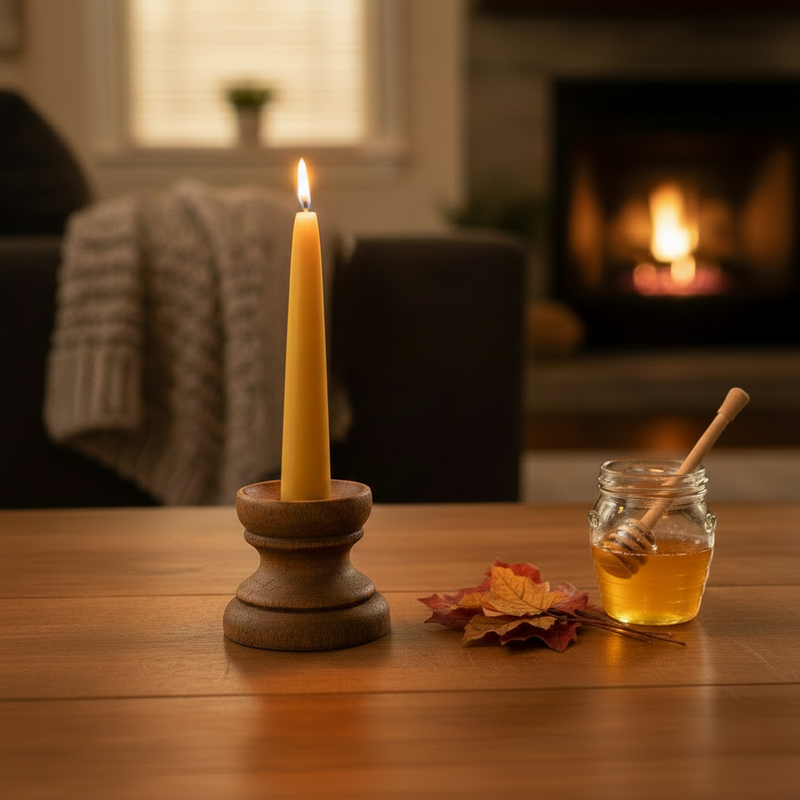A single beeswax taper candle in a fall setting on a wooden table with fireplace in the background