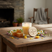 Candle with a wooden coaster labeled 'Cheeky Bee' on a wooden table with flowers and honeycomb.