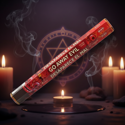A red and black incense stick package labeled 'GO AWAY EVIL' and 'DESAPARECE EL MAL' is shown diagonally in a dark, atmospheric setting with lit candles, smoke, and a occult-style circular emblem in the background.