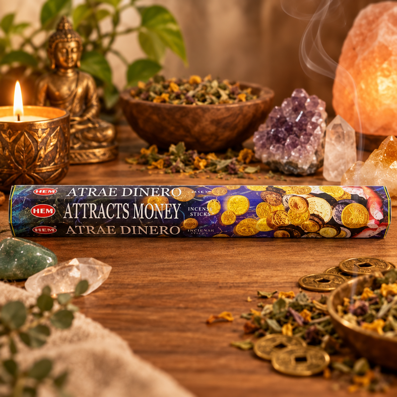 A box of HEM incense sticks labeled 'Atrae Dinero Attracts Money' lies on a wooden table surrounded by ritual props including a lit candle, crystals, dried herbs, coins, and a Buddha statue.