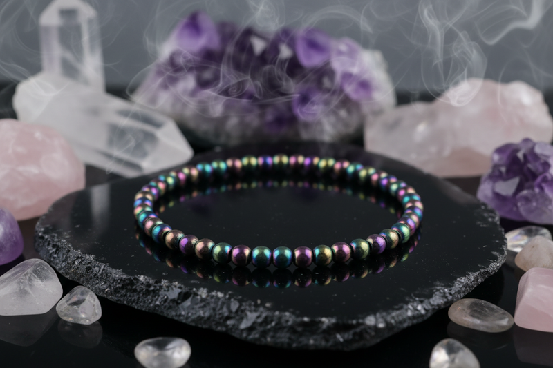 Multicolored beaded bracelet on a black stone surface with crystals in the background