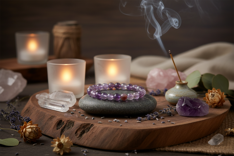 A purple beaded bracelet rests on a dark stone plate on a wooden tray, surrounded by candles, crystals, dried flowers, and a smoking incense stick in a moody, atmospheric setting.