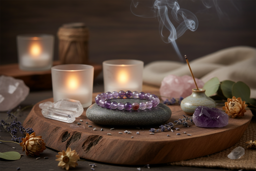A purple beaded bracelet rests on a dark stone plate on a wooden tray, surrounded by candles, crystals, dried flowers, and a smoking incense stick in a moody, atmospheric setting.