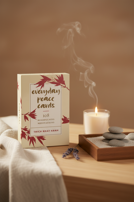 Box of 'Everyday Peace Cards' with a candle and stones on a wooden surface