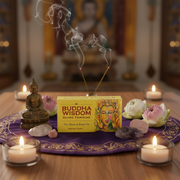 Buddha Wisdom product with incense, candles, and decorative elements on a table.