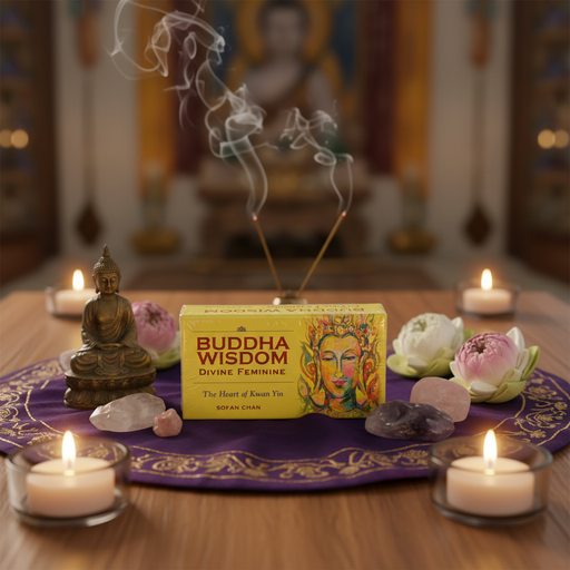 Buddha Wisdom product with incense, candles, and decorative elements on a table.