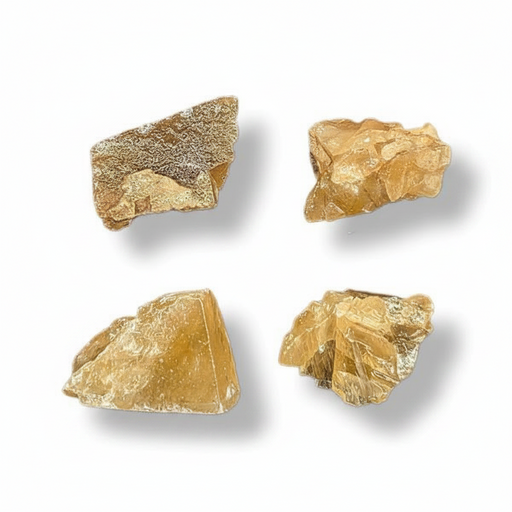 Four rough, unpolished pieces of translucent golden-yellow crystal  arranged in a 2x2 grid on a white background with soft drop shadows.