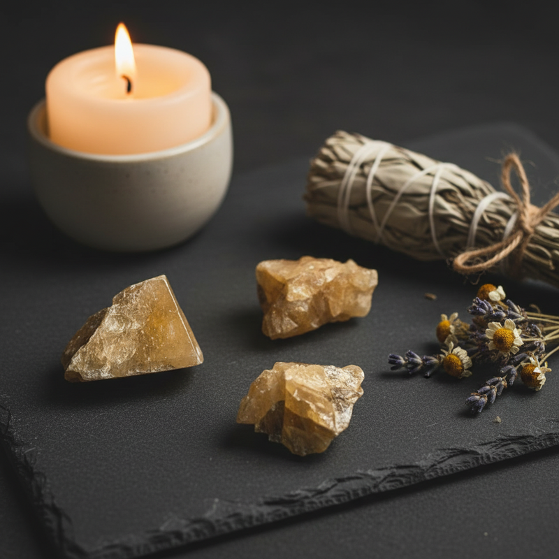 Three rough honey calcite crystal clusters arranged on a dark slate board next to a lit white candle in a ceramic holder, a sage bundle tied with twine, and dried lavender flowers on a dark background.