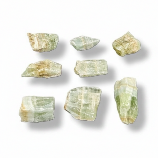 Nine raw, rough calcite with natural striated patterns in pale green, beige, and cream, arranged in a 3x3 grid on a white background with soft drop shadows.