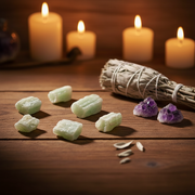 Several pale green raw calcite are arranged on a wooden surface beside a white sage bundle and two purple crystal points, with lit candles blurred in the background.