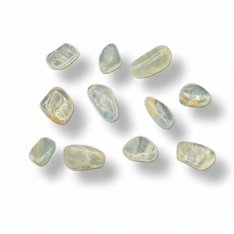 Nine polished tumbled gemstones in pale greenish-gray and translucent tones, arranged on a clean white background with soft shadows.