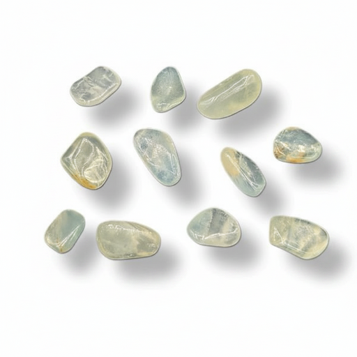 Nine polished tumbled gemstones in pale greenish-gray and translucent tones, arranged on a clean white background with soft shadows.