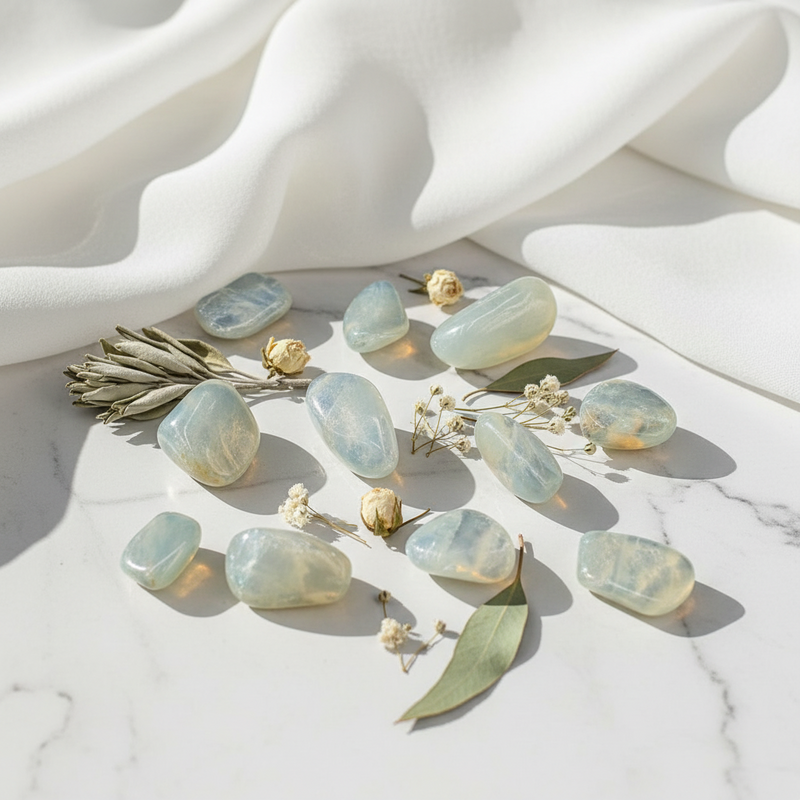 A set of polished light blue-green tumbled stones arranged on a white marble surface with draped white fabric and small dried flowers and leaves as styling props.