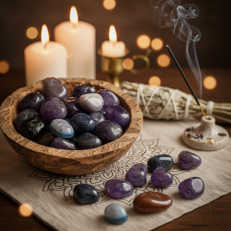Wooden bowl filled with purple and blue stones on a cloth with candles and incense in the background.
