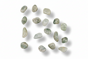 A group of small, polished tumbled gemstones in pale green, gray, and white tones, arranged on a clean white background with soft drop shadows.