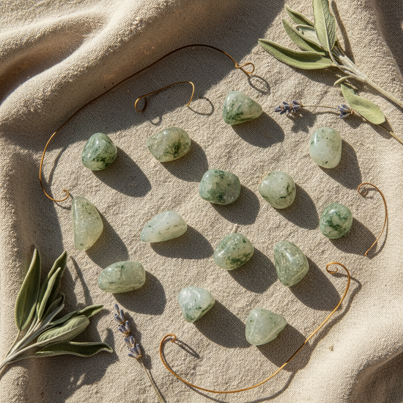 A styled flat-lay of twelve polished green crystal tumbled stones arranged on a beige fabric background with decorative sage leaves and thin wire loops.