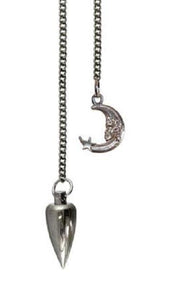 Silver pendulum with a moon pendant and metal pendulum on a white background