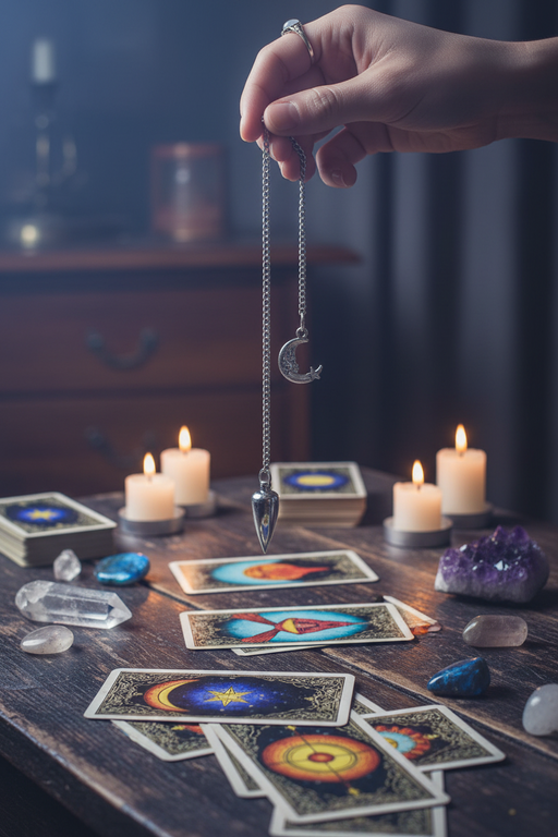 A hand holds a silver metal pendulum necklace with a crescent moon and teardrop pendant over a wooden table set with tarot cards, lit candles, crystals, and a purple amethyst cluster.