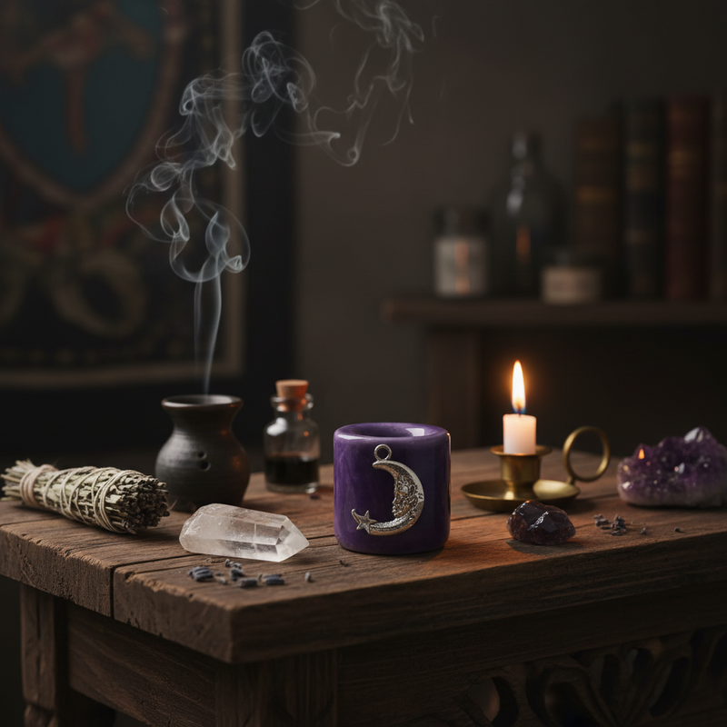 Witchcraft setup with a purple mug, candle, and smoldering sage on a wooden table.