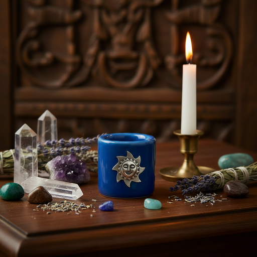 Blue candle holder with sun design, lit candle, crystals, and lavender on a wooden surface.