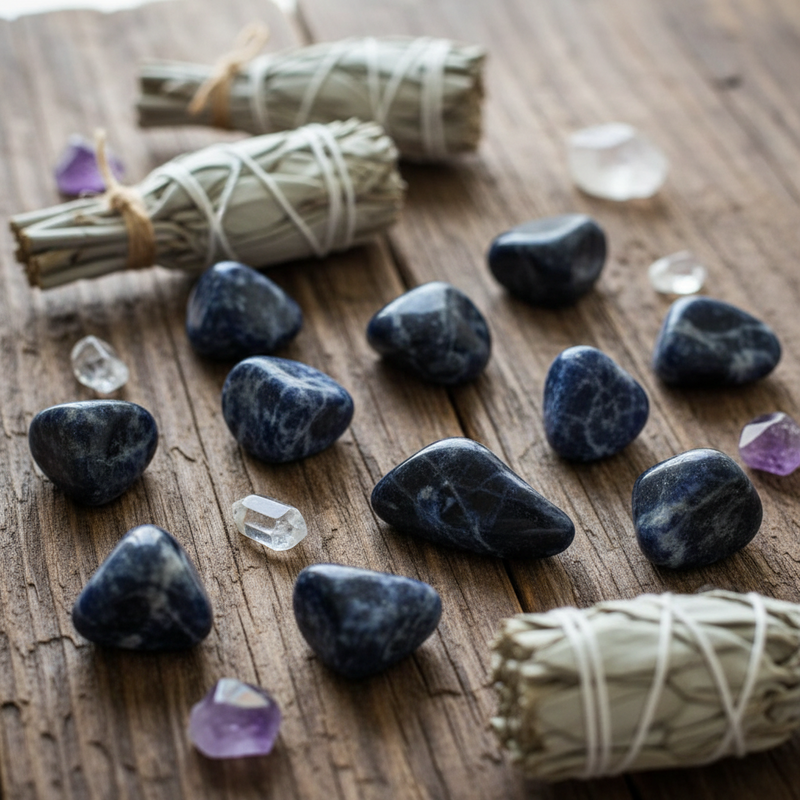 Set of blue marbled stones  on a table with sage, amethyst and quartz crystals.
