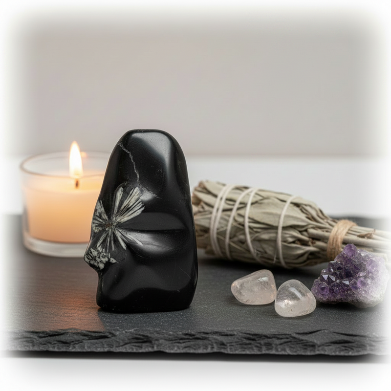 A polished black stone figurine with a white floral inlay, displayed on a dark slate tray alongside a lit candle, a sage smudge bundle, and purple crystal points against a soft neutral background.