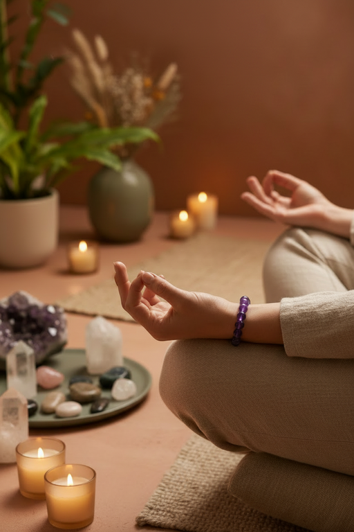 A person in beige clothing sits cross-legged in a meditative pose, showing a purple beaded wrist bracelet. The scene is styled with candles, crystals, and plants in a warm, earthy room.