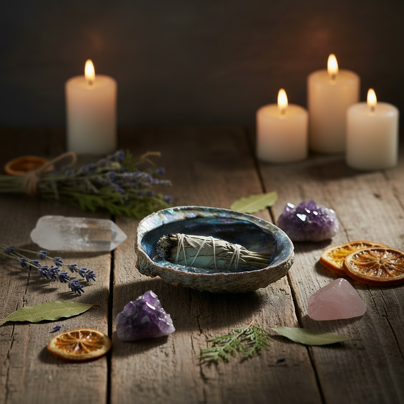 A mystical setting with candles, crystals, and a sage bowl on a wooden surface.