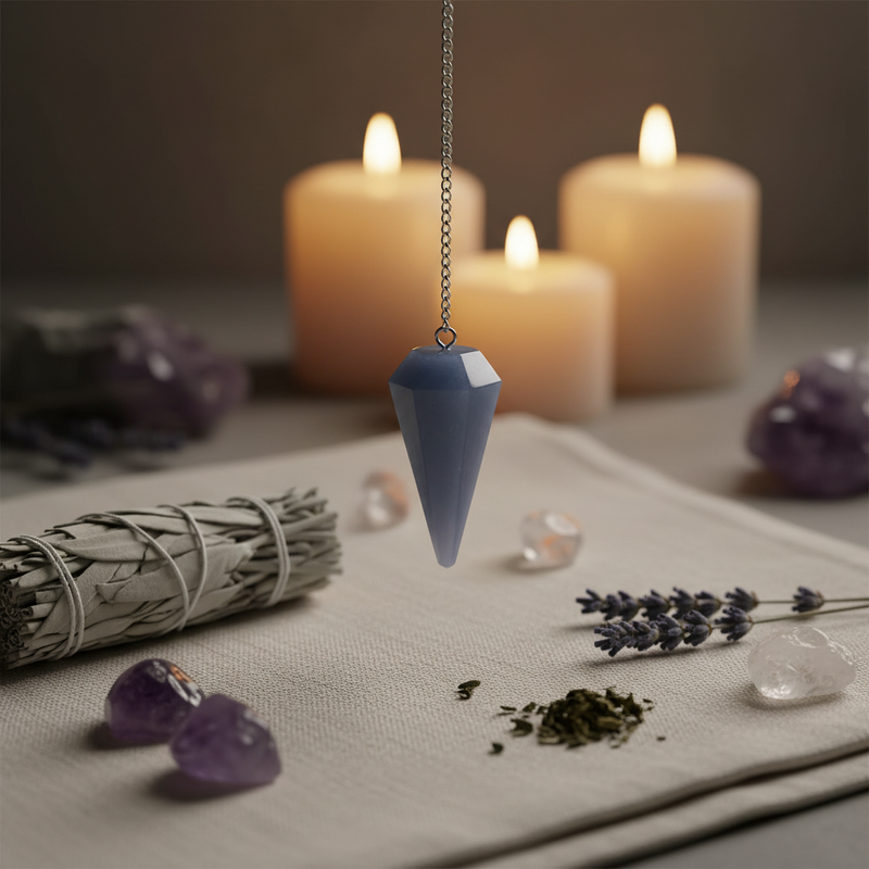 A blue faceted crystal pendulum hanging from a silver chain, styled on a beige cloth with candles, crystals, lavender, and a sage bundle in the background.